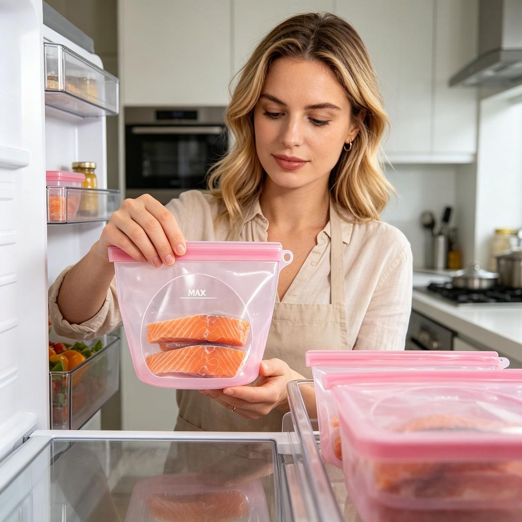 3pcs 1000ml Kitchen Storage Silicone Bags Reusable Food Grade Silicone Leakproof Freezer Bags with Built-In Seal for Refrigerator and Pantry