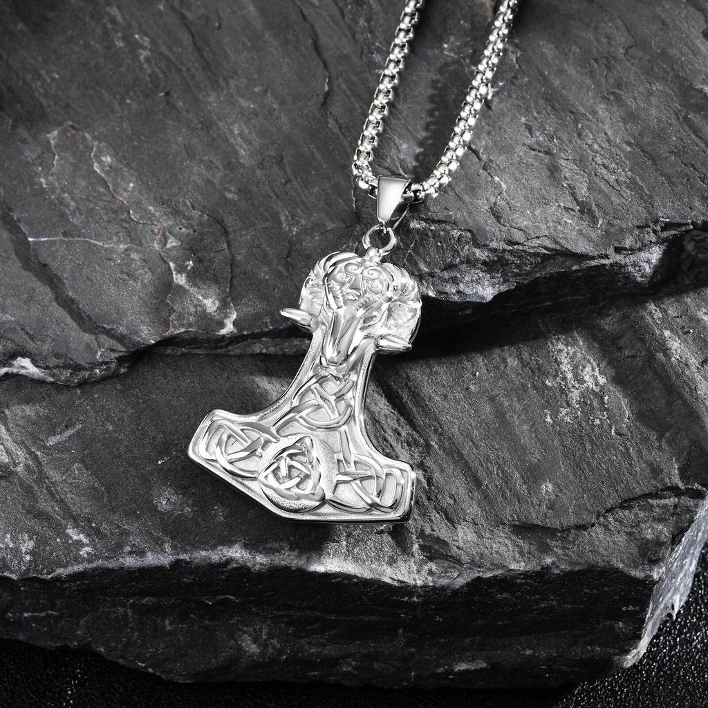 Stainless Steel Thor Hammer Necklace for Men, Viking Sheep Head Hammer Pendant,Vintage Punk Jewelry Gift
