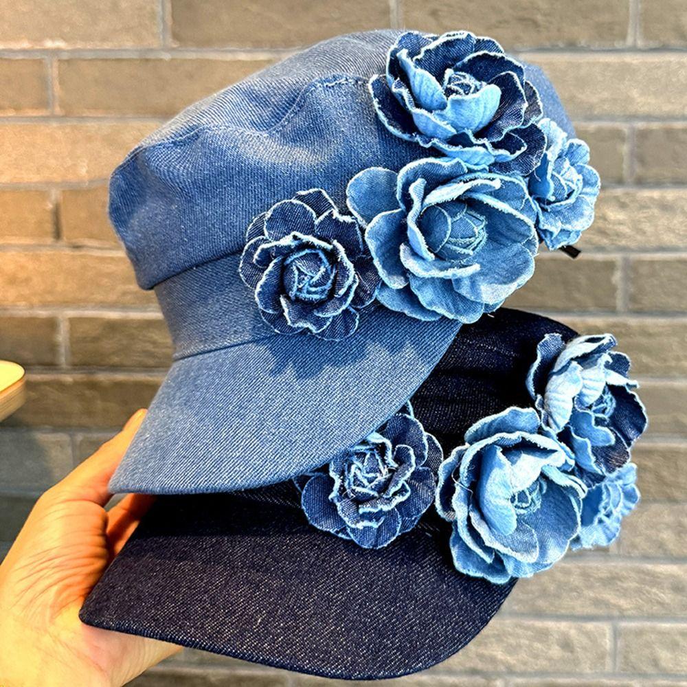 Adjustable Flower Flat Top Hat Artistic Painter Caps Trendy Denim Camellia Beret Hat  Travel