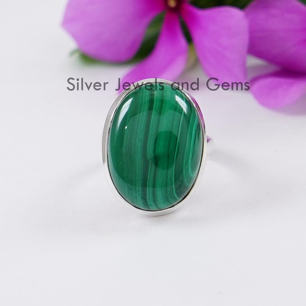 Handmade Oval Malachite Ring, 925 Sterling Silver, Green Gemstone