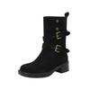 Retro suede western cowboy boots women's autumn and winter medium tube thick heel two wear lapel short boots women's belt buckle Martin boots