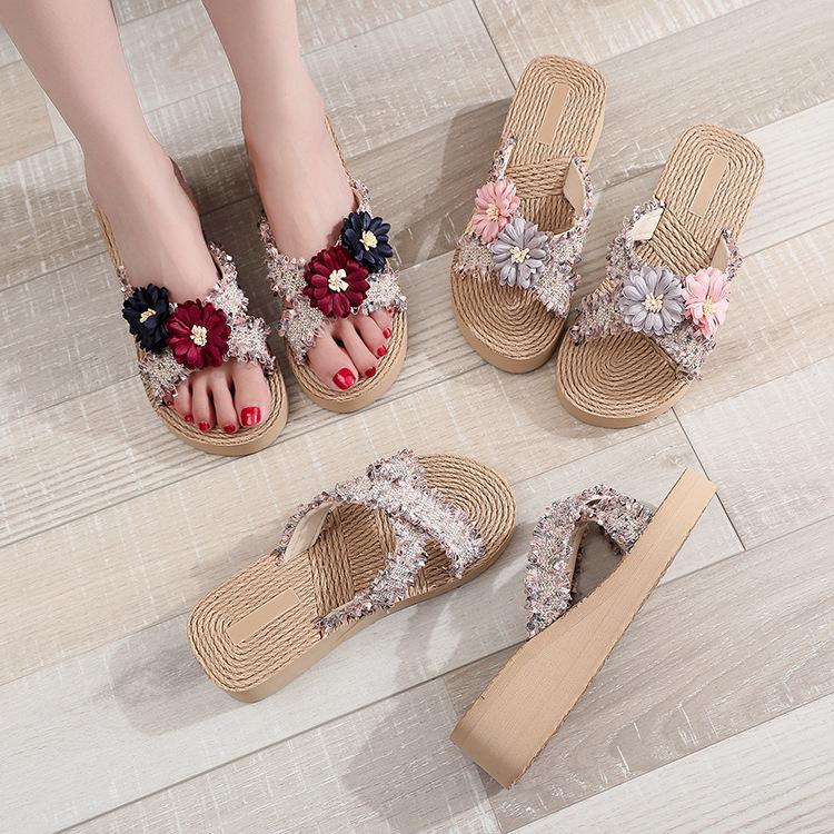 Imitation grass woven linen bottom women's cool slippers with small fragrant style cross fabric strap Korean trend thick soled