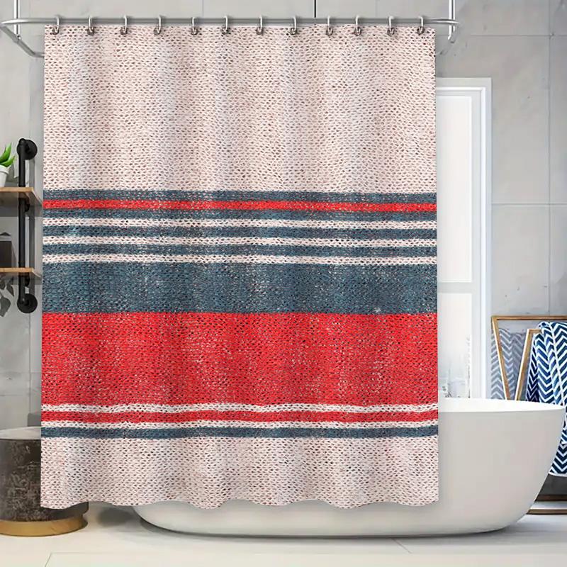 

Modern Striped Bath Shower Curtain Red Blue Decorative Fabric Shower Curtain For Bathroom With Silver Grommet Top Universal Fit W60H190(CM)-1 Pcs