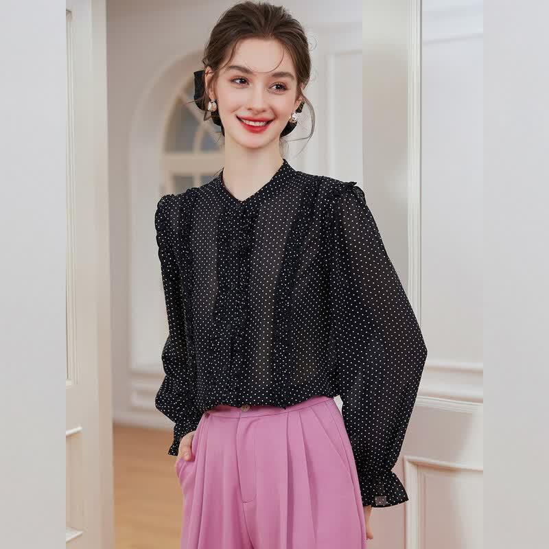 Elegant Ruffled Patchwork Round Neck Cardigan Blouse S