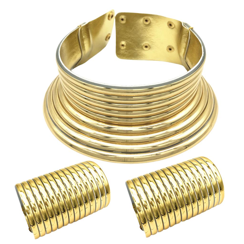 Stylish Golden Necklace Set Inspired by Long Neck Tribe Trend Setting Ethnic Choker and Ear Pendant Set for Fashionistas
