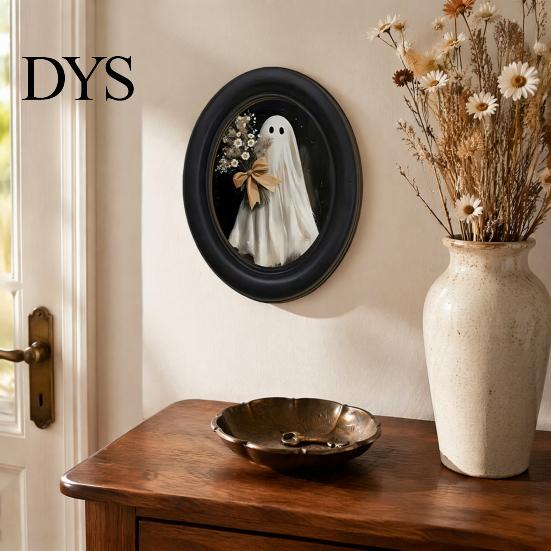 Oval Wood Picture Frame Halloween Gothic Wooden Hanging Plaque, Vintage Black Cat Ghost Wall Sweet Cool Sign Sign, Retro Waterproof Decorative Art for