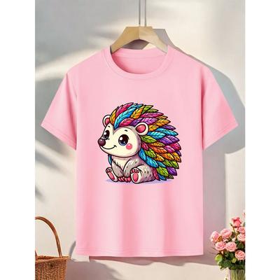 European Sizes ' Soft T-Shirt with Hedgehog & Feather Print - Summer Round Neck Casual Top, Cute & Comfortable Blouse, for Casual Attire,