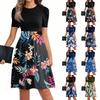 Women's Fashionable Casual Belt Short Sleeved Round Neck Printed Patchwork Dress