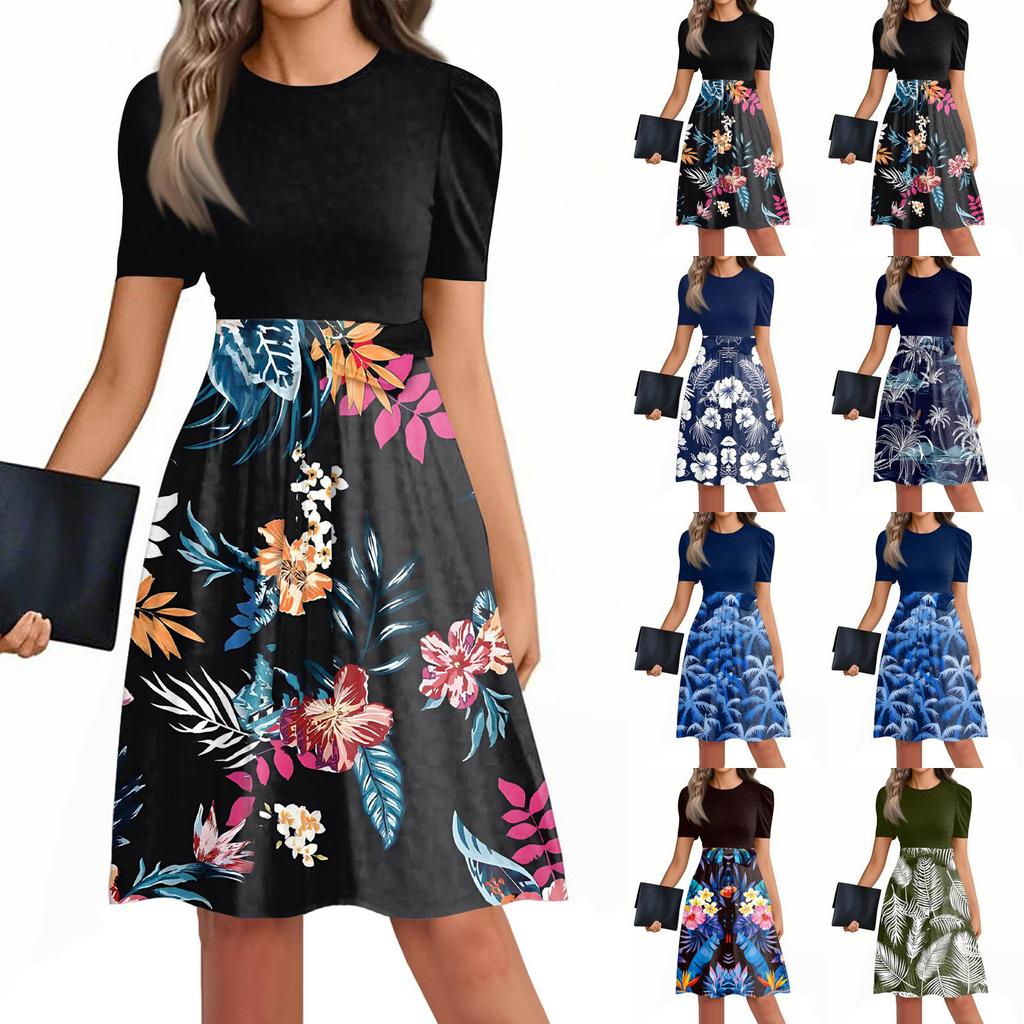 Women's Fashionable Casual Belt Short Sleeved Round Neck Printed Patchwork Dress
