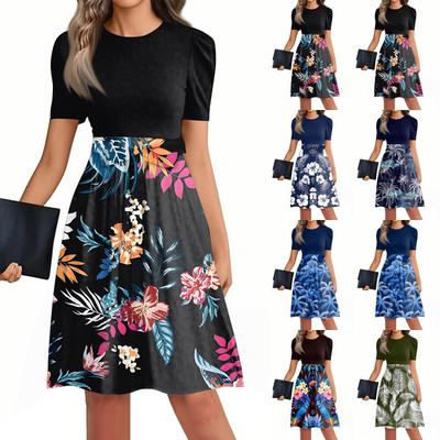 Women's Fashionable Casual Belt Short Sleeved Round Neck Printed Patchwork Dress