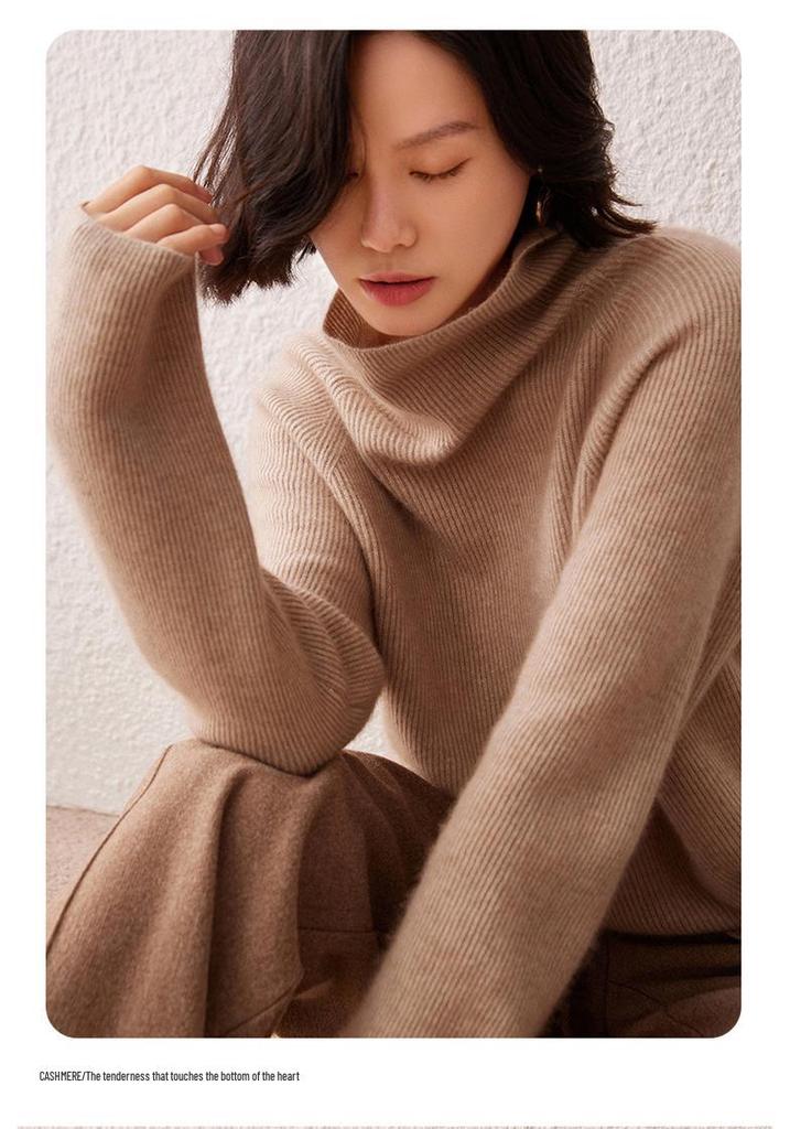 Women's High Neck Cashmere Sweater - 2026 Autumn/Winter Ribbed Knit, Simple Loose Fit, Slimming & Warm
