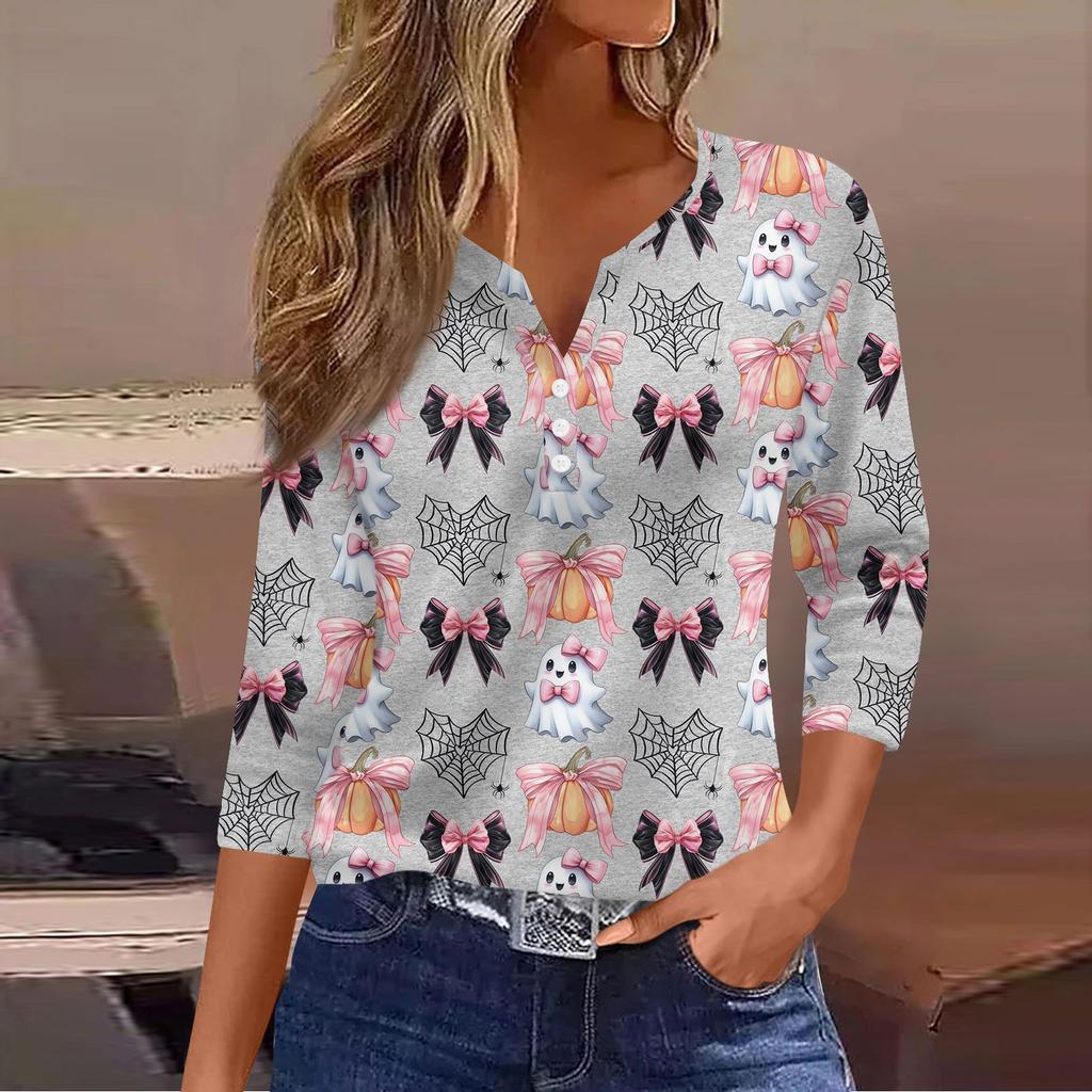 3/4 Ärmel Damen Tops Halloween Print Vintage Mode Lässig Locker Mit V-Ausschnitt Übergröße Shirts