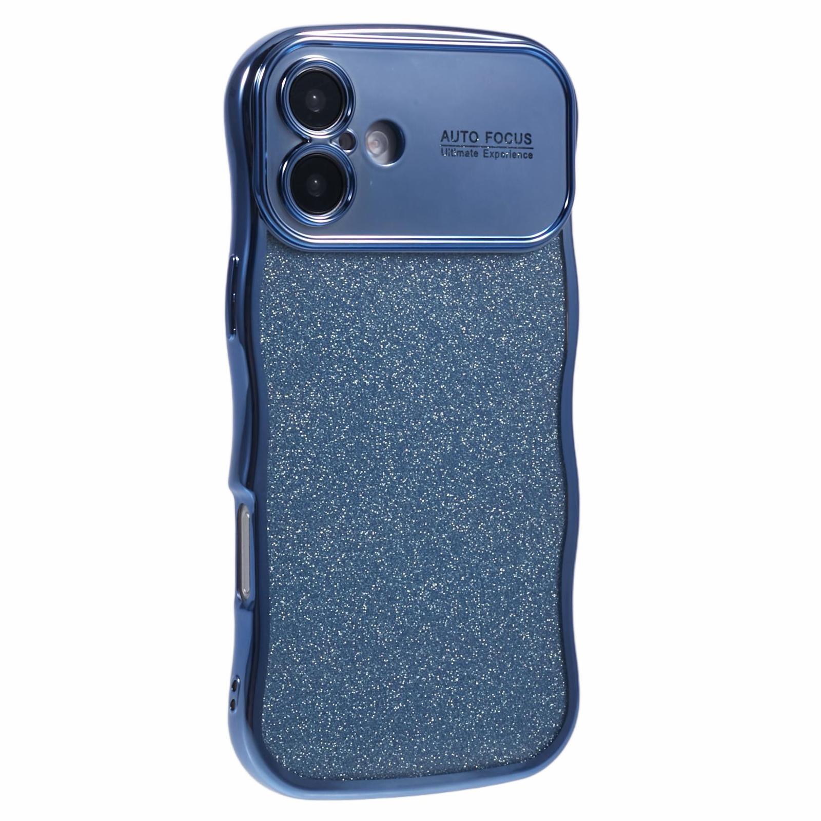 

For iPhone 16 Case Electroplating Curly Frame TPU Glitter Phone Cover Large Window Blue