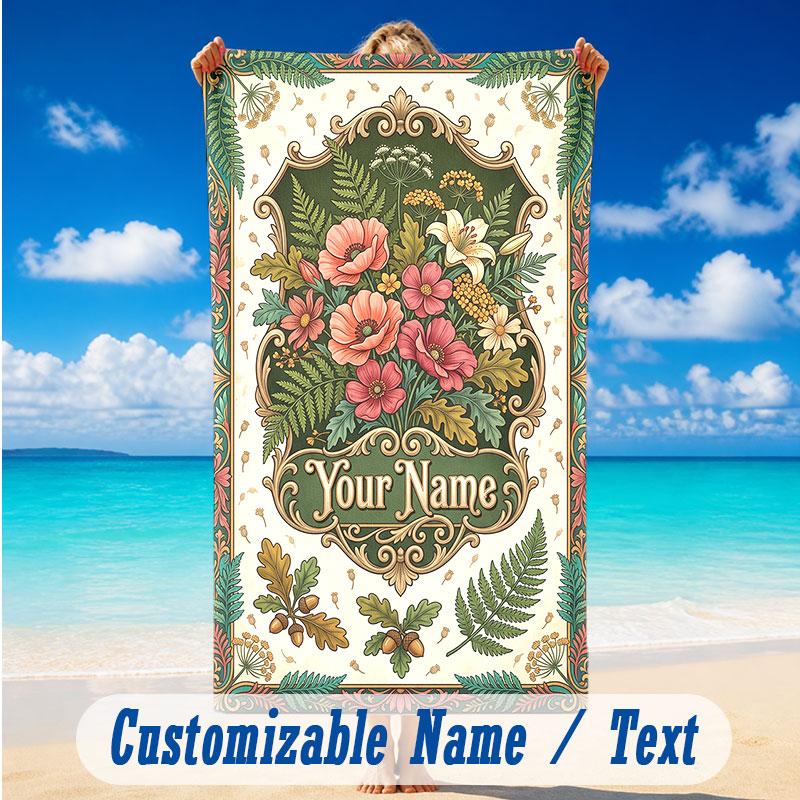 Floral Garden Theme Beach Towel Personalized Custom Name & Text Soft Quick Dry Beach Towel for Swimming Travel