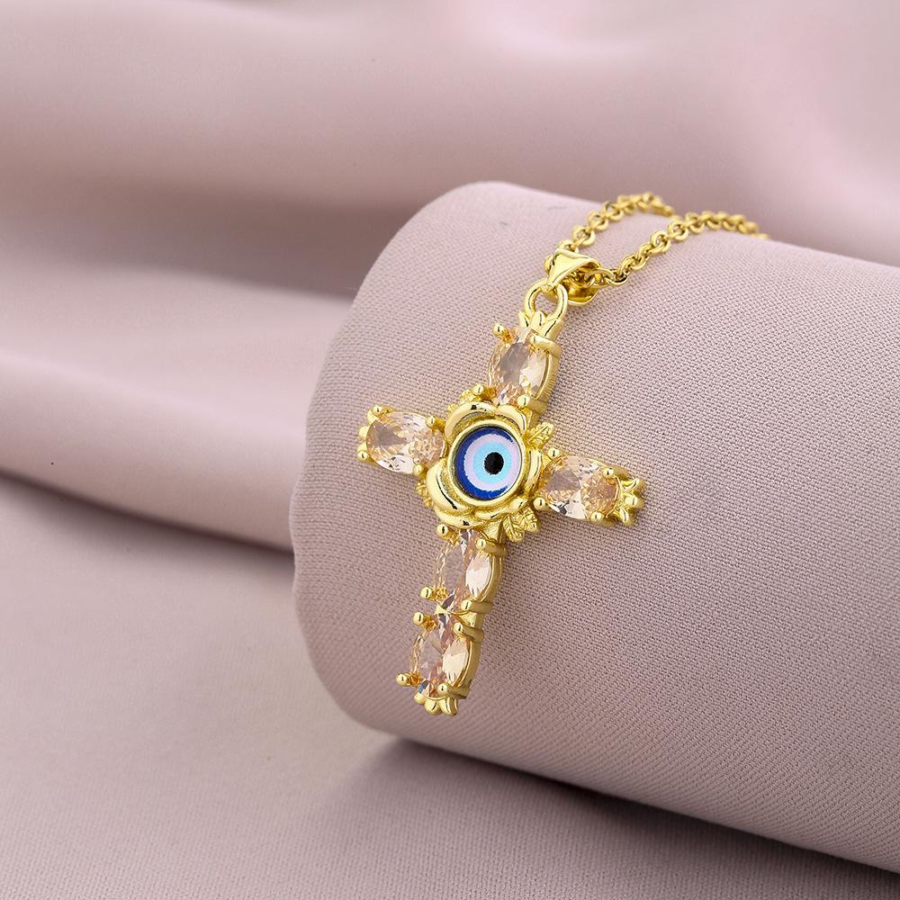 New Zircon and Eye Cross Necklace Girlfriends Couple Simple Sweet Temperament Titanium Steel Clavicle Chain Neck Chain
