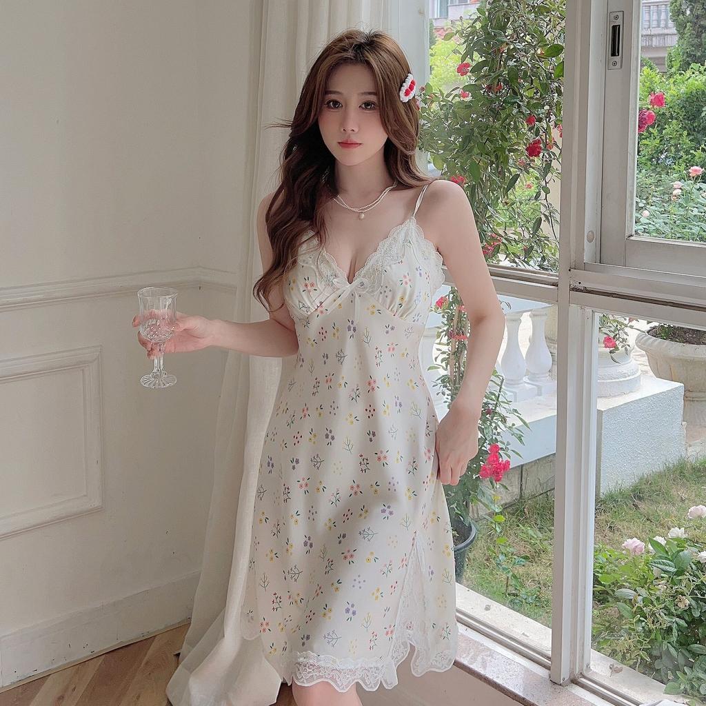 1011 New Sexy Nightdress Women's Summer Suspenders Ice Silk Pajamas Ins Printed Pure Desire Pajamas with Chest Pads