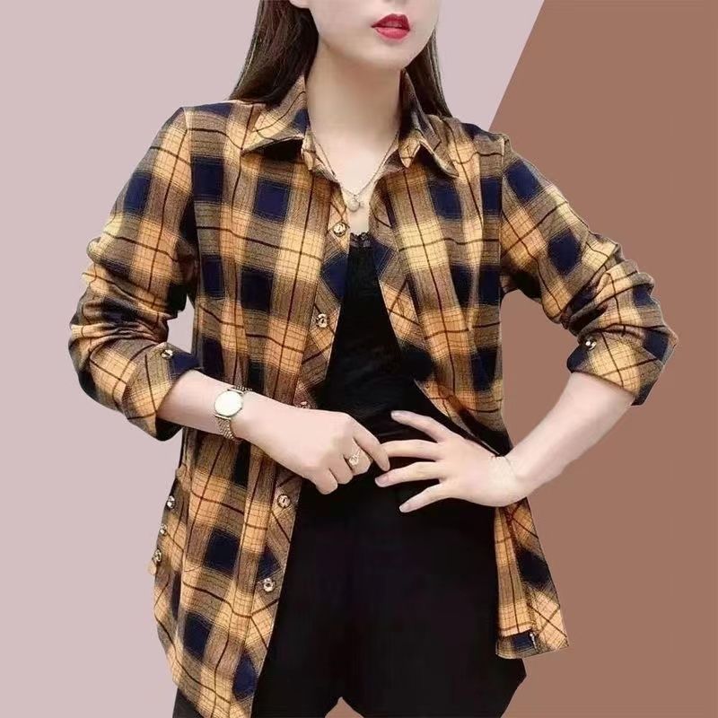 Spring Autumn Elegant Fashion Harajuku Plaid Tops Women Loose Casual All Match Lady Shirt Polo Button Long Sleeve Blusa