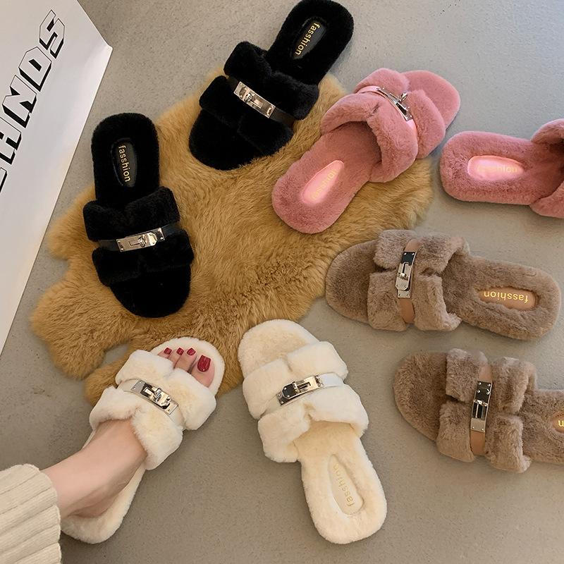 Beautiful High-end Fluffy Slippers Women's Outer Wear 2025 Autumn and Winter New French Fairy Wind Plush Flat-bottomed Cotton Slippers