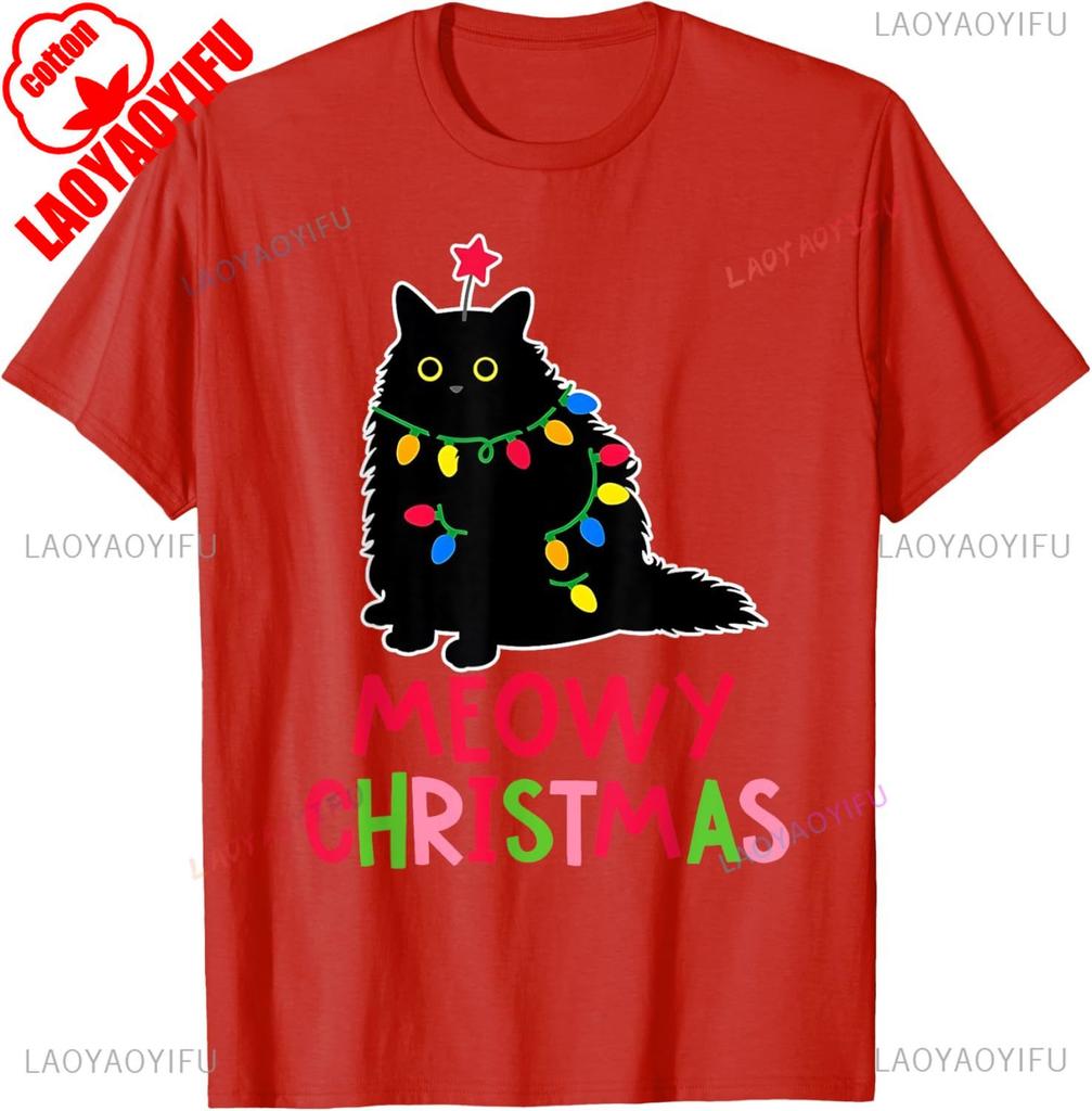 New Style Lovely Kawaii Meowy Christmas Xmas Lights Black Cat Pajamas Family Funny Men Women High Quality Cotton TShirt