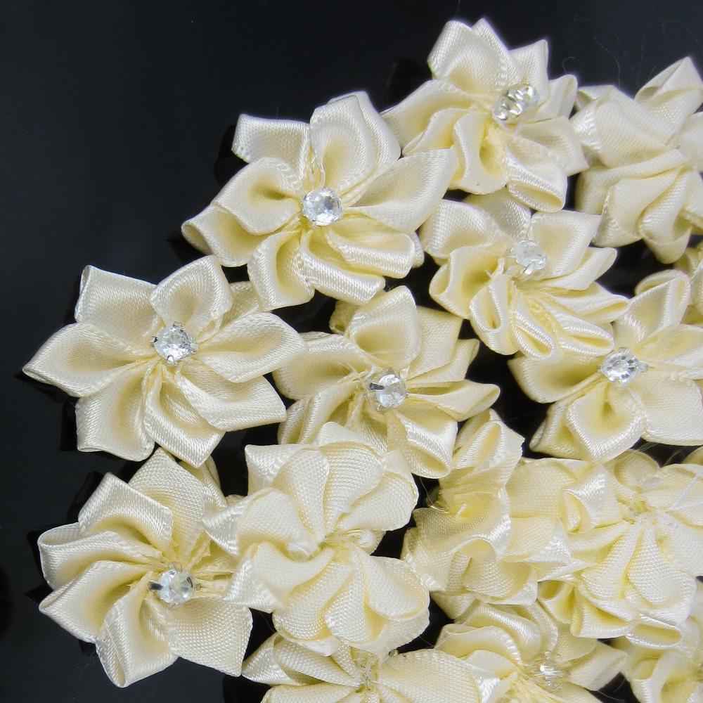 10Pcs Handmade Small Satin Flowers Fabric Rhinestone Flower Appliques For Sewing Craft Wedding Decorations 2.8cm
