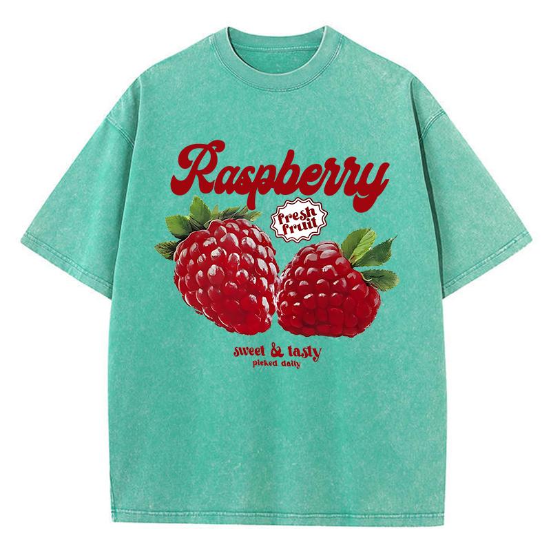 T-shirts Lavés Imprimés Fruits Frais Framboise pour Femmes Hauts en Coton Confortables T-shirts Décontractés à Col Rond Vêtements d'Été pour Femmes