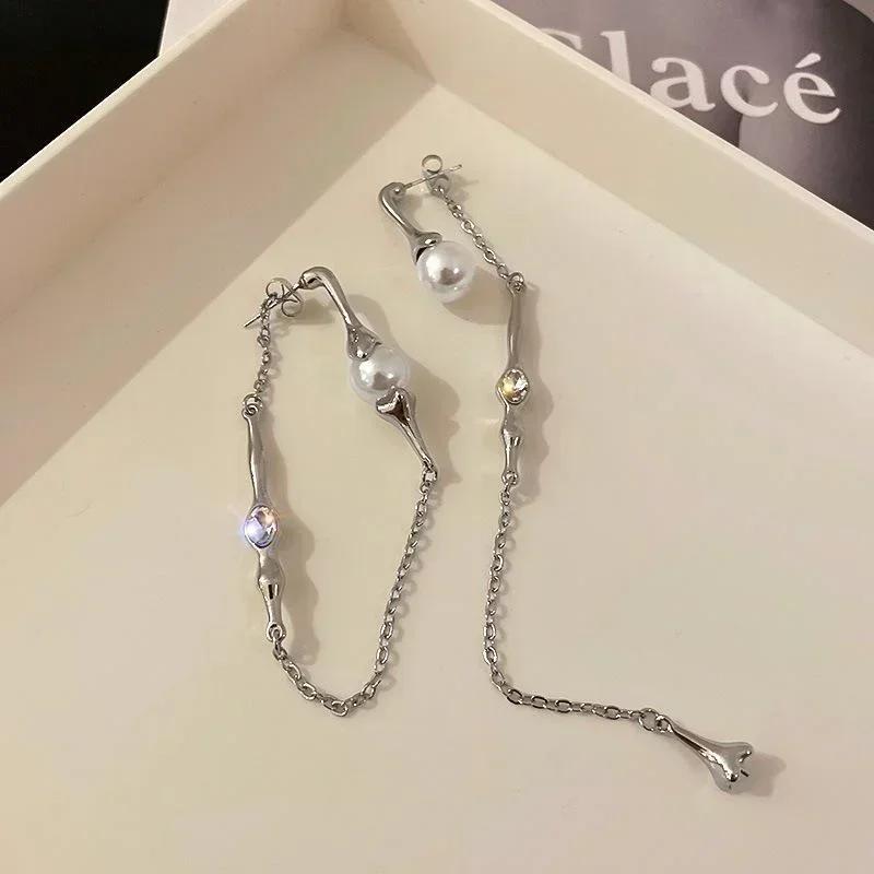 Summer Creative Fashion Ladies Asymmetric Pearl Long Tassel Earrings Korean Style A Two-wear Drop Chain Earring Accessories