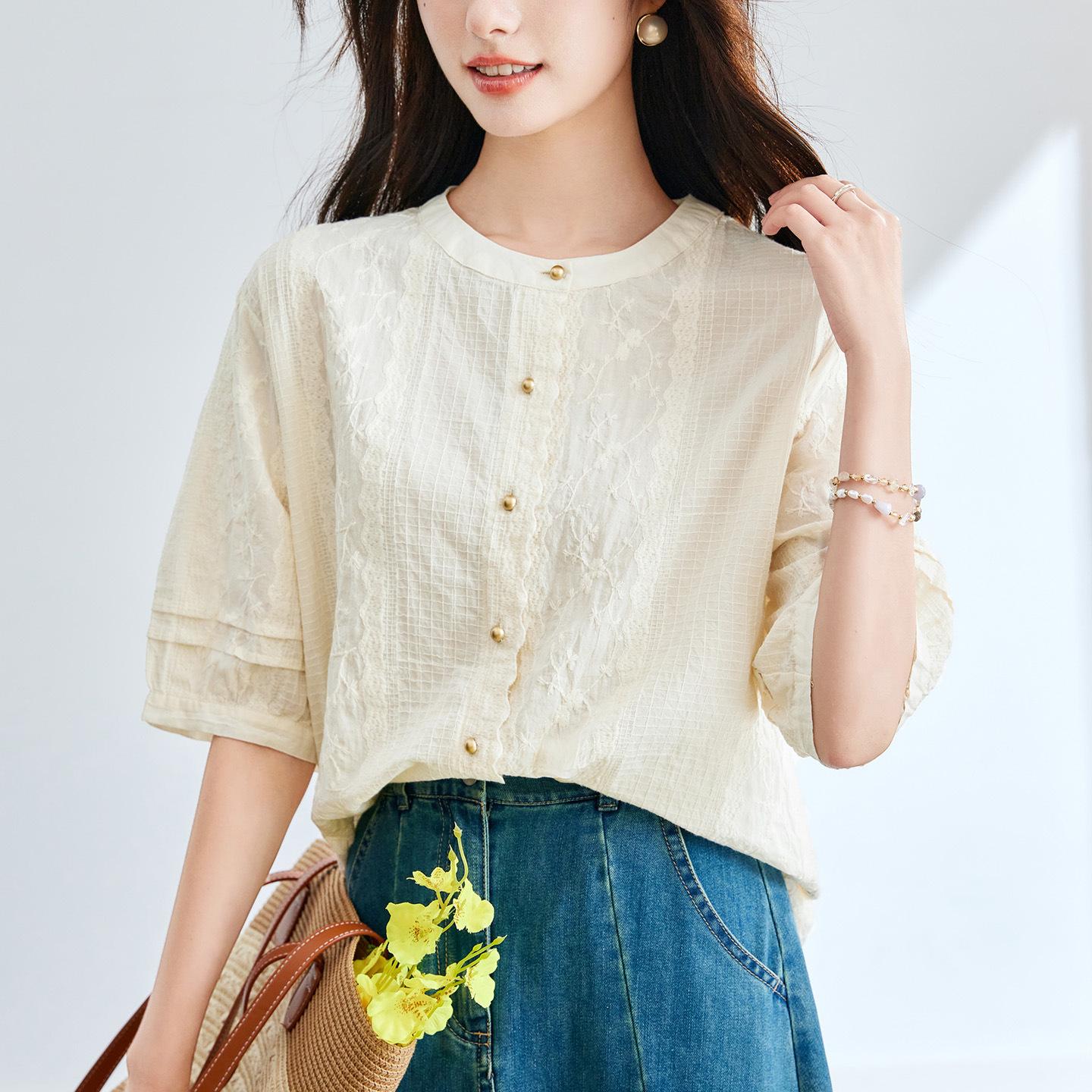 

Ретро Вышитая Рубашка с Коротким Рукавом для Женского Лета, Дизайн Рукавов-Фонариков с Золотыми Пуговицами, Шикарная Маленькая Рубашка XXL