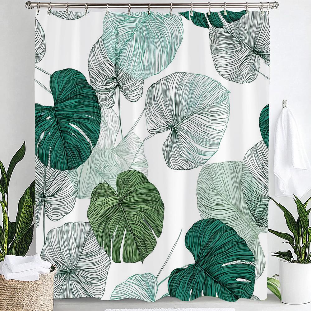 Green Leaves Monstera Plants Printed Shower Curtain Bathroom Curtain,Hanging Curtain With 12 Hooks Decoration Machine Washable