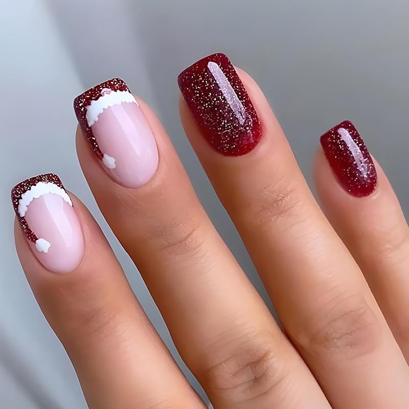 24Pcs Christmas Press on Nails Square French Tip Fake Nails Silver Glitter Nail Design Full Cover False Nails Snowflake Glue on Nails Cute Acrylic