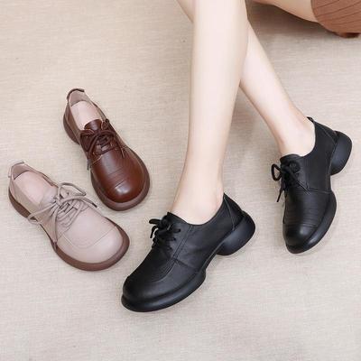Genuine Leather Comfort Shoes: Lace-Up, Soft Sole, Deep Mouth for Middle-Aged Women