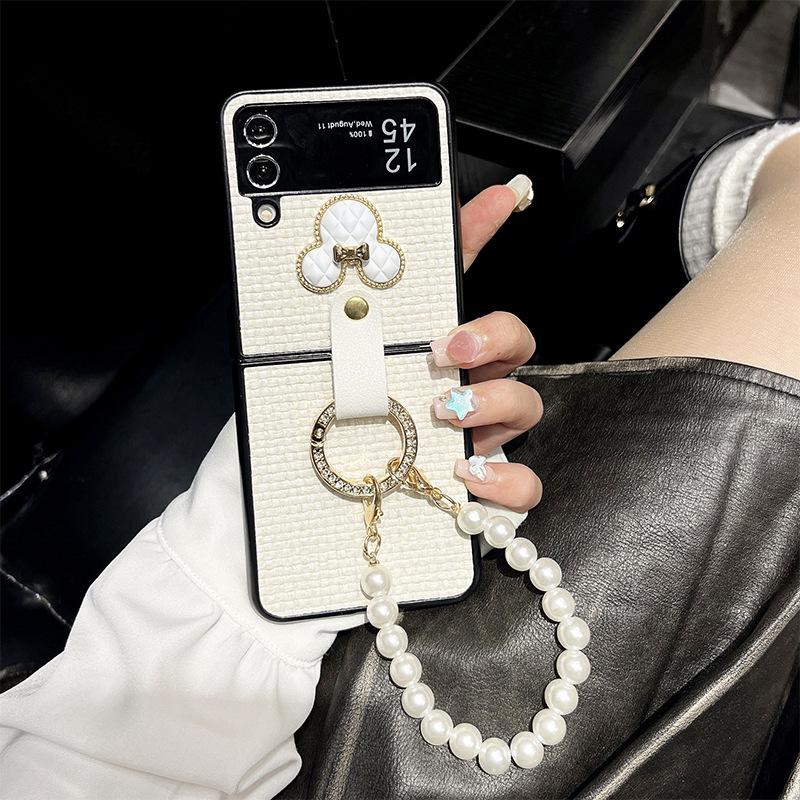 Woven Pattern Flip Phone Case for Samsung Zflip5 Folding Screen Pearl Hand Chain Xflip Rhinestone 4 Ring
