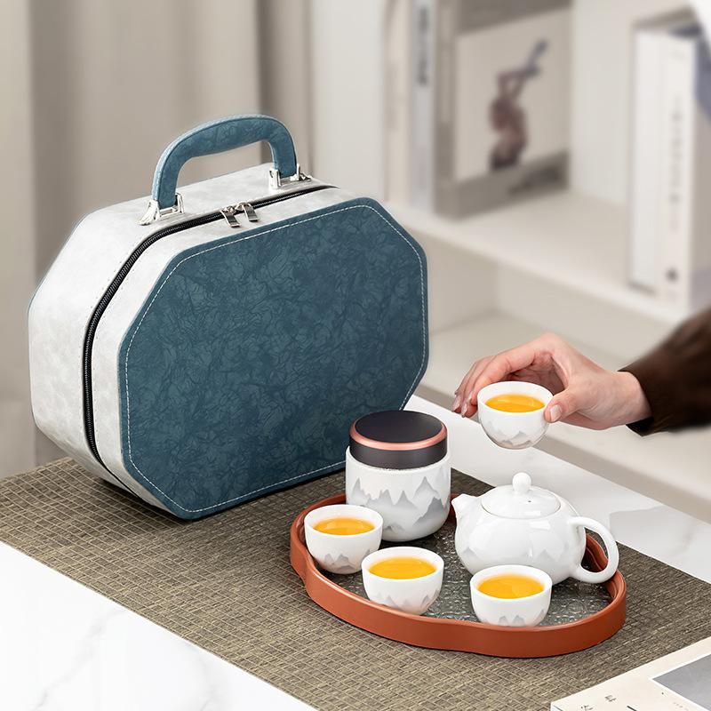 Travel tea set, high-end Dehua suet jade ink landscape with tea tray, high-end business set