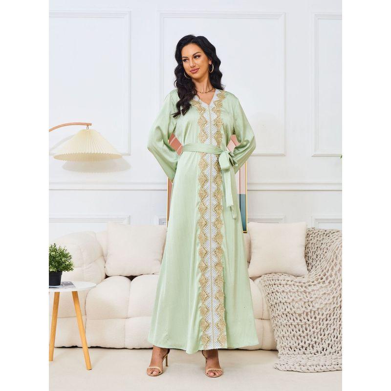 Middle East Robe Elegant New Women clothes Hot Drilling Long sleeve V-neck Big Hemline Lace Gold Thread Dress Insdresses