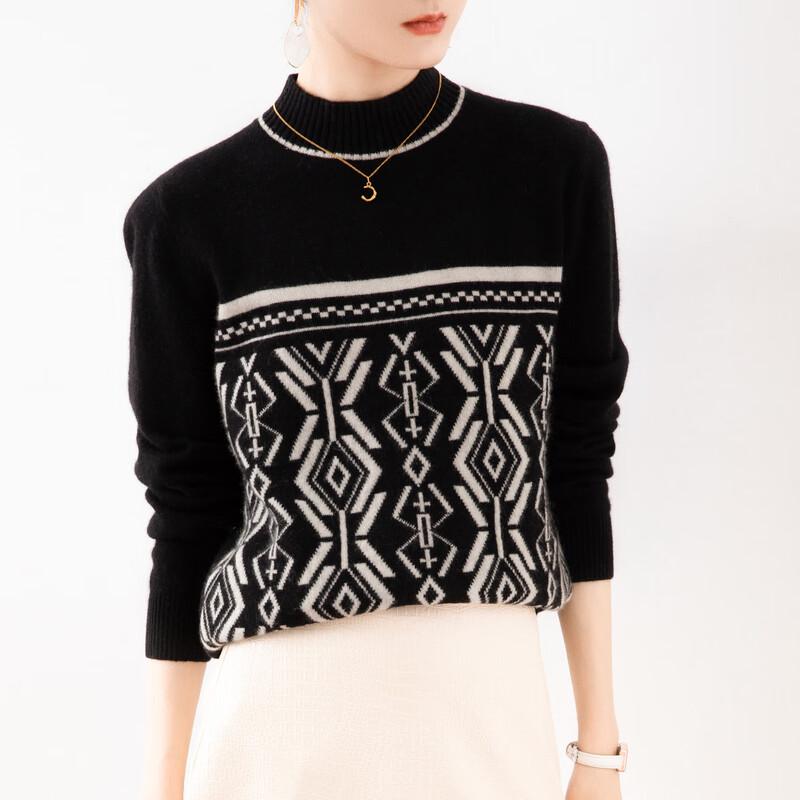 TUHUANG Women's Color Block Jacquard Mock Neck Cashmere Blend Sweater