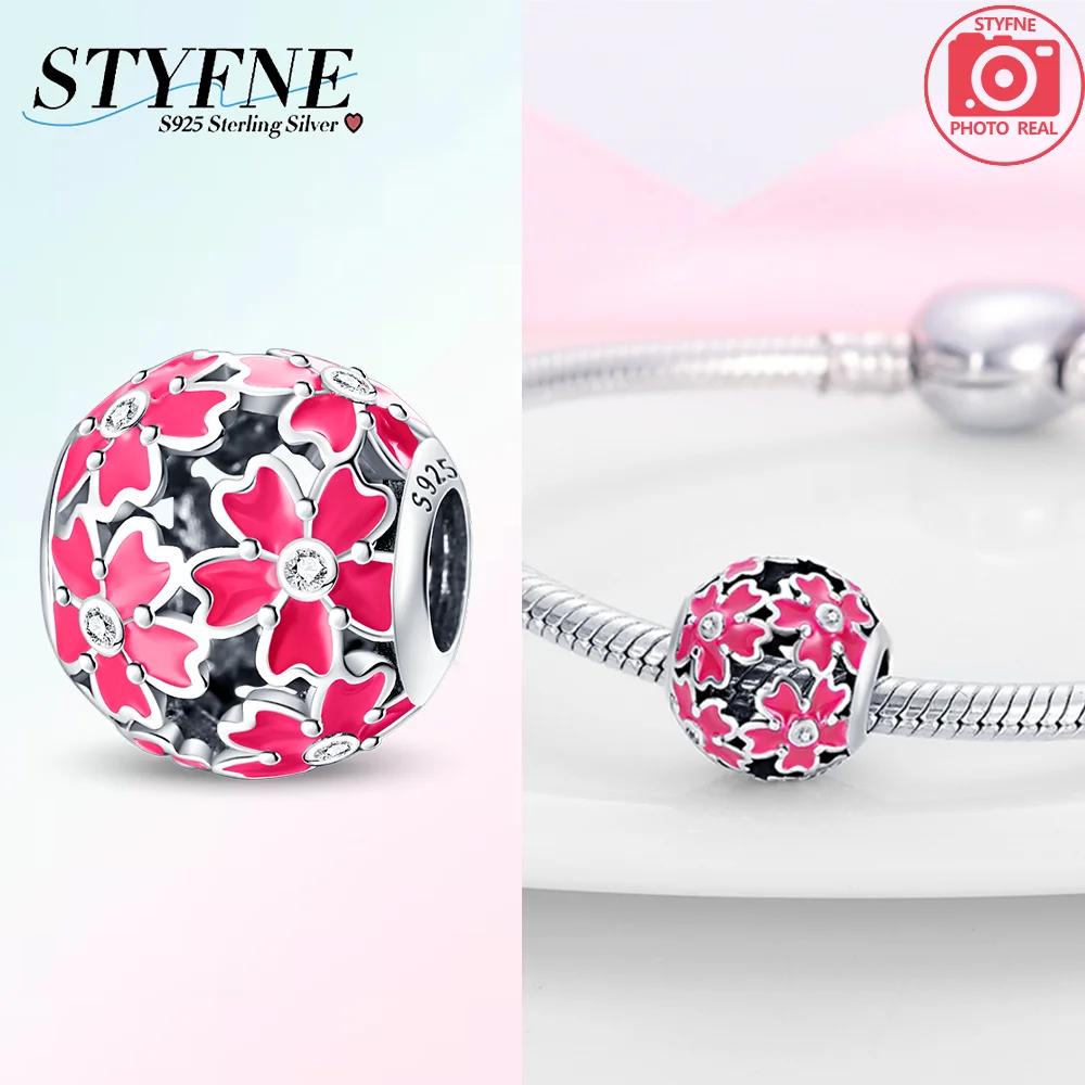 Pink Flowers Gold Butterflies Plant 925 Silver Bag Charms Beads Fit Bracelet Women Accessory Fine Gift Diy Jewelry