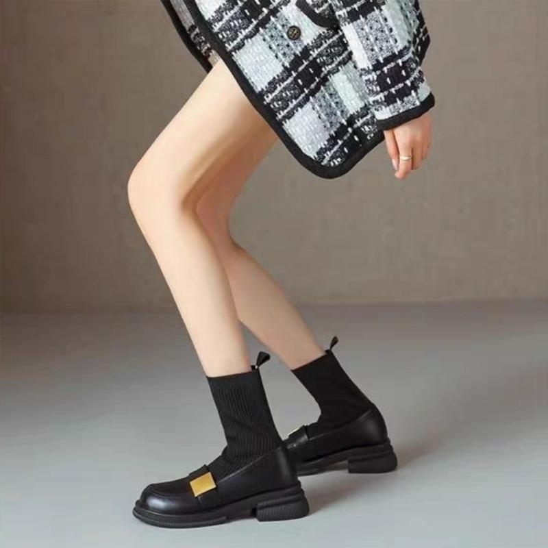 Fashion Woman Short Sock Shoes Round Toe Black Ankle Boots for Women Elegant with Medium Heels Booties Designer Luxury Comfortable Sale