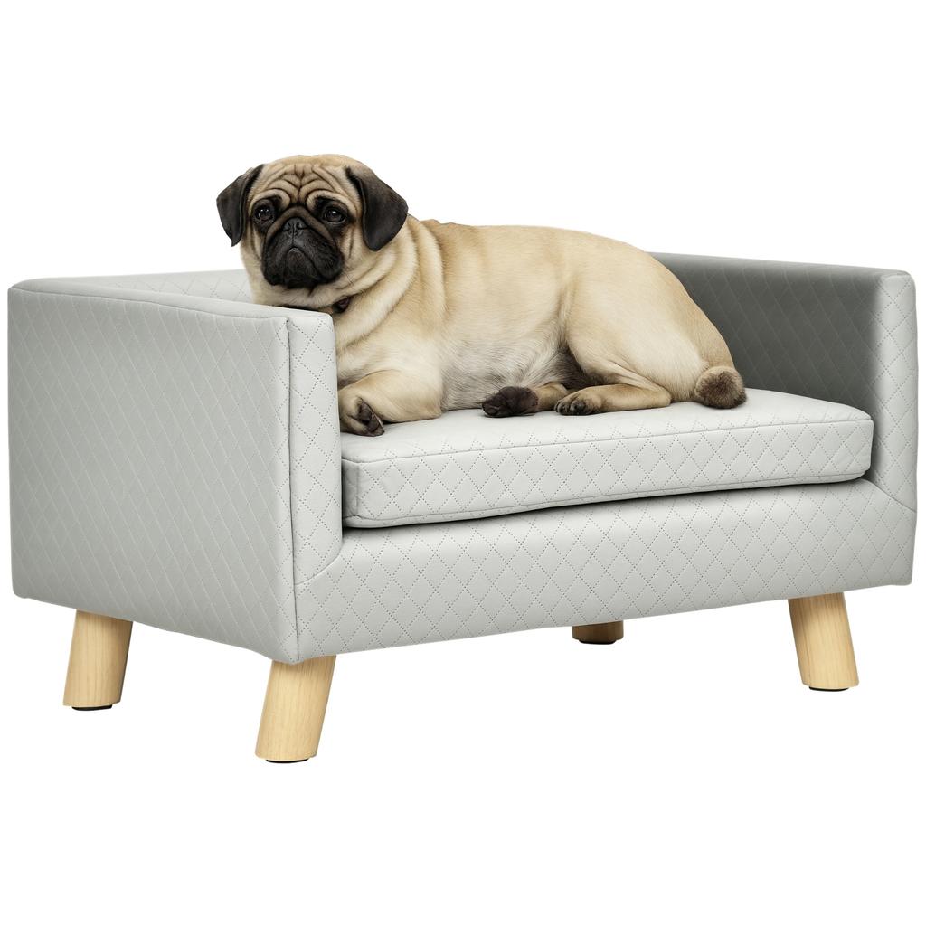 Scandinavian Style Dog and Cat Sofa with Upholstered Velvet and Wood Cushion, 64x45x36cm, Grey
