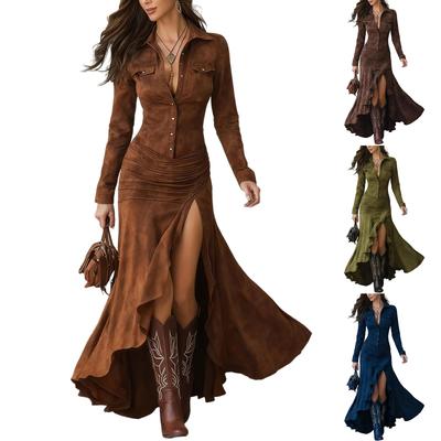 Women's Long-Sleeved Button-Up Extra-Long Dress Wrap-Up Asymmetrical Ruffled High-Height Western Women's Elegant Denim Dress