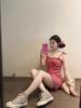 [Spot] Sweet and cool lace-up stacked skirt fat MM summer new red plaid suspender dress solid color short