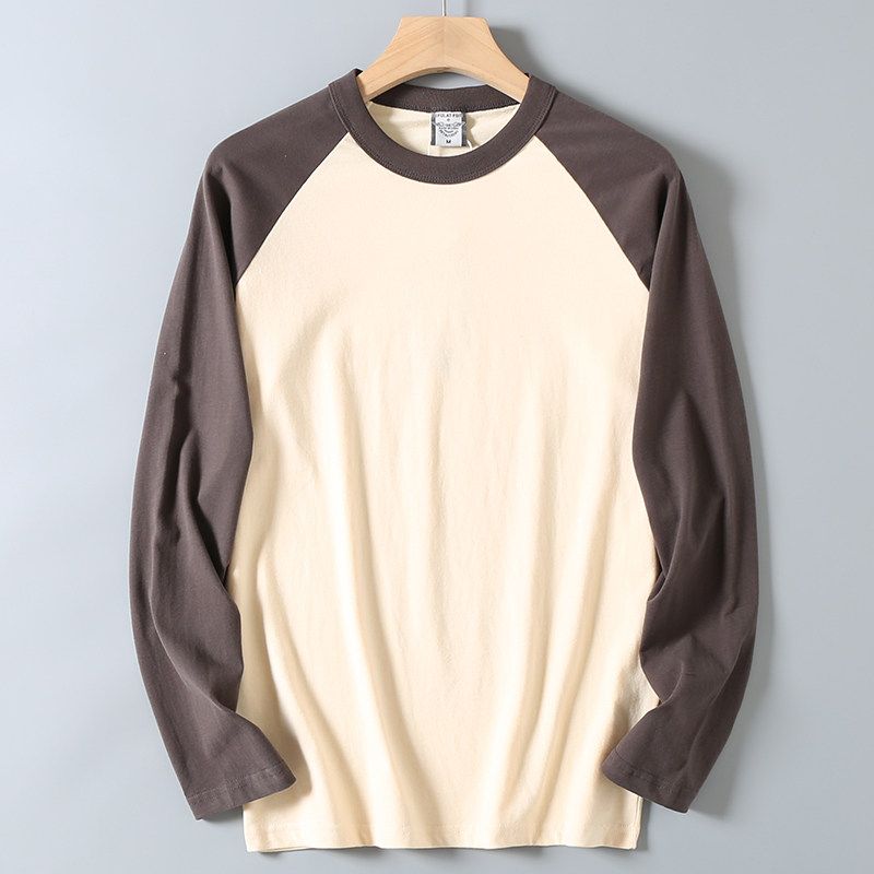 Style Pure Cotton Fashion Brushed Long Sleeve Spring and Autumn Bottoming Shirt Men's Solid Color Patchwork Raglan Sleeve Couple round Neck T-shirt