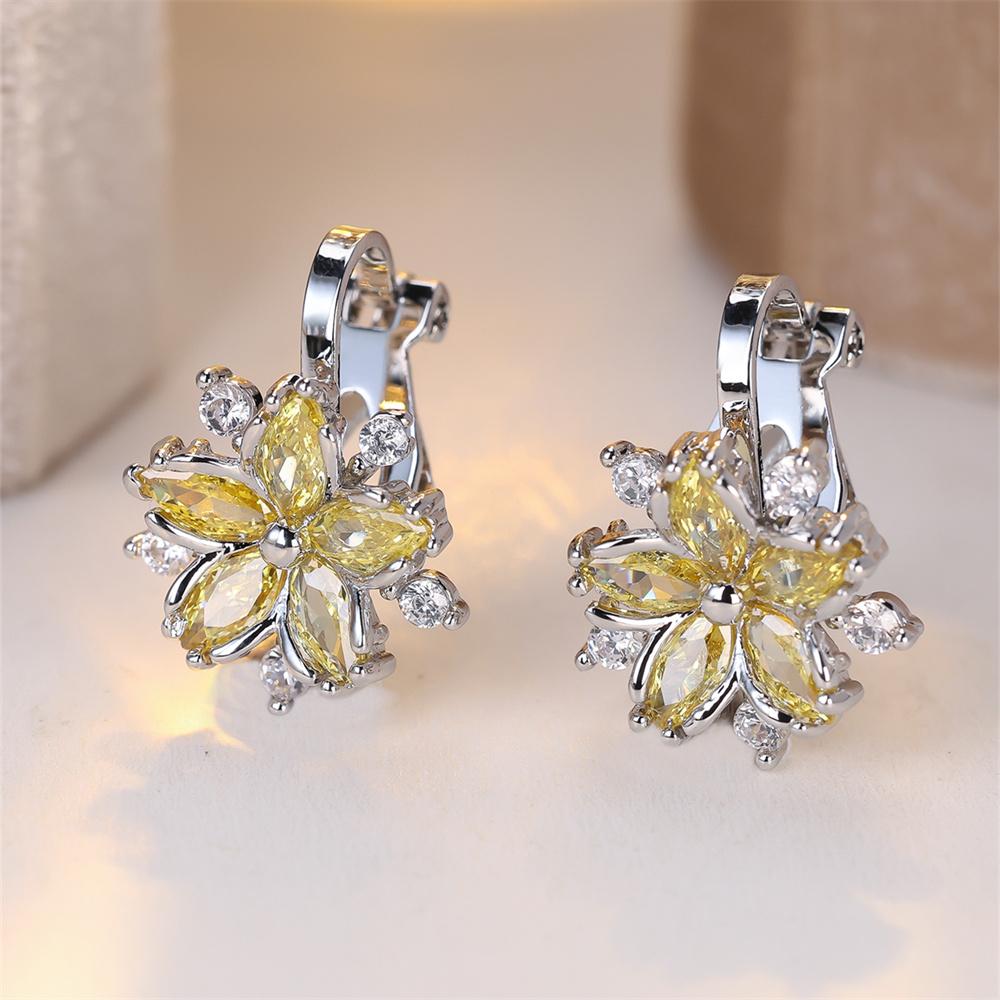 Rainbow Zircon Cute Flower Earring Multicolor Crystal Sakura Clip Earrings For Women Vintage Silver Color Bridal Wedding Jewelry