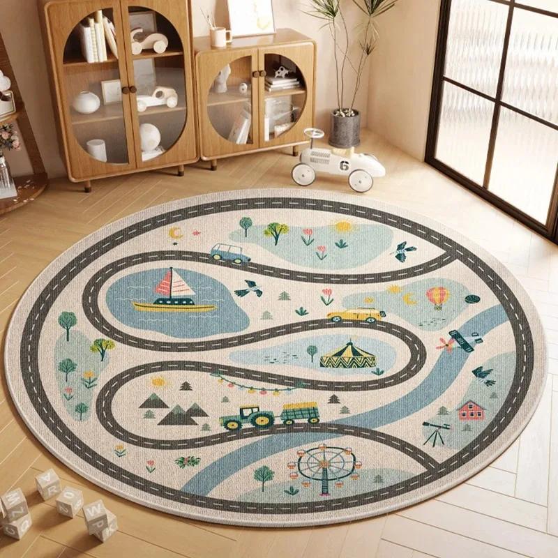 Cartoon Style Animal Pattern Round Carpet, Kids' Play Mat, Living Room Decorative Mat, Study Room Floor Mat, Stain-Resistant