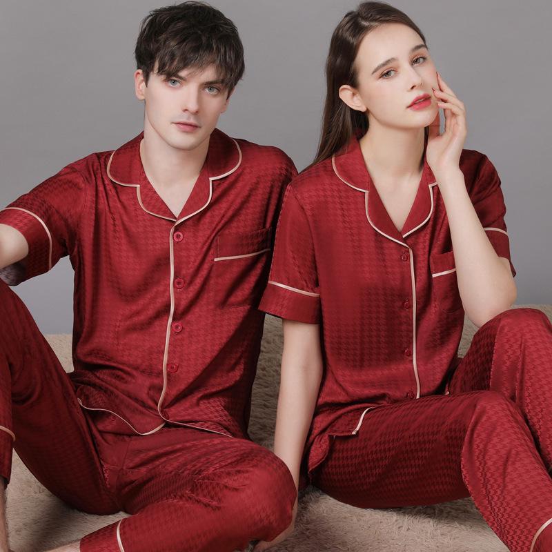 2022 Summer Ice Silk Couple Pajamas Set - Short Sleeve & Long Pants for Men & Women