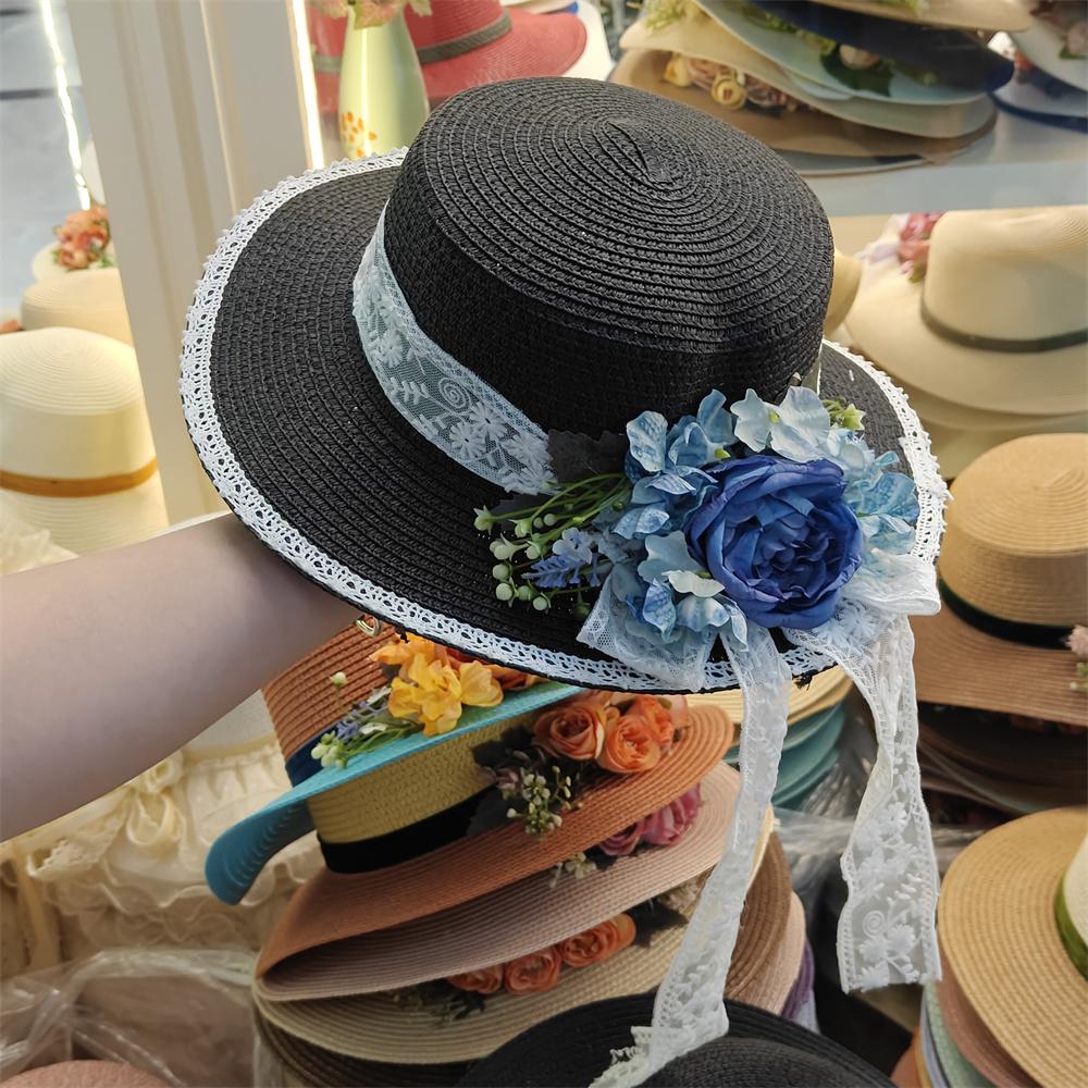 2025 new style flower decoration fresh ladies summer straw hat flat top large brim sun hat beach French elegant wedding hat