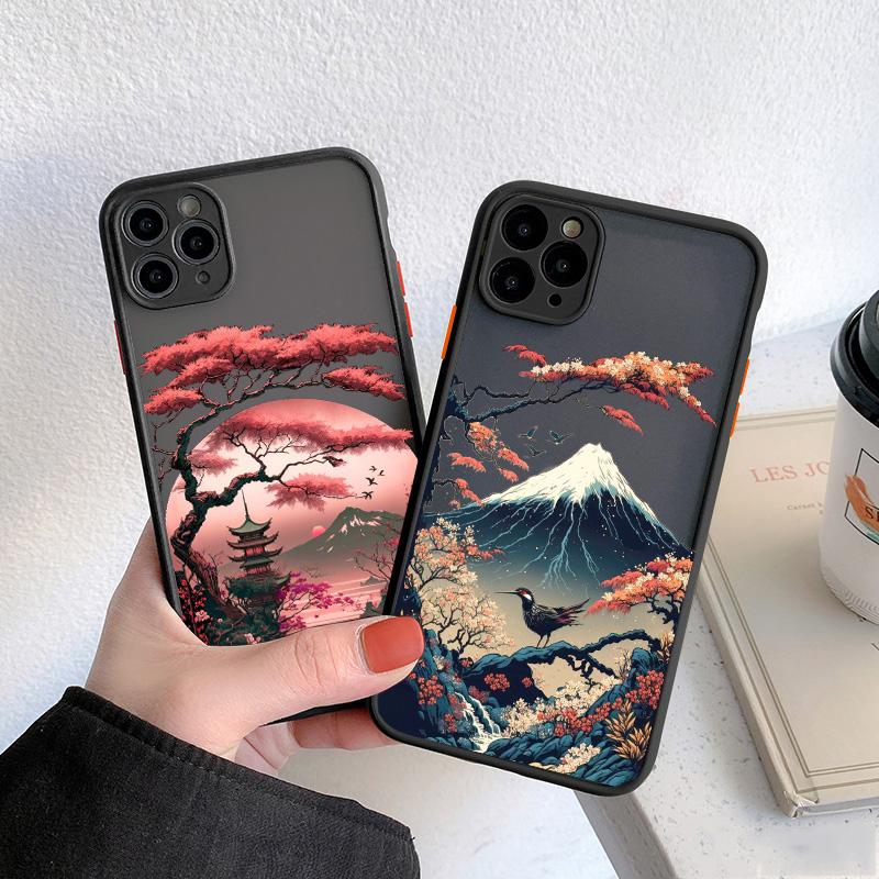 Japanese Aesthetic Mount Fuji Landscape Map Phone Case For iPhone 16 11 XR XS 13 12 14 15 Pro Max Mini SE2 7 8 Plus Shockproof