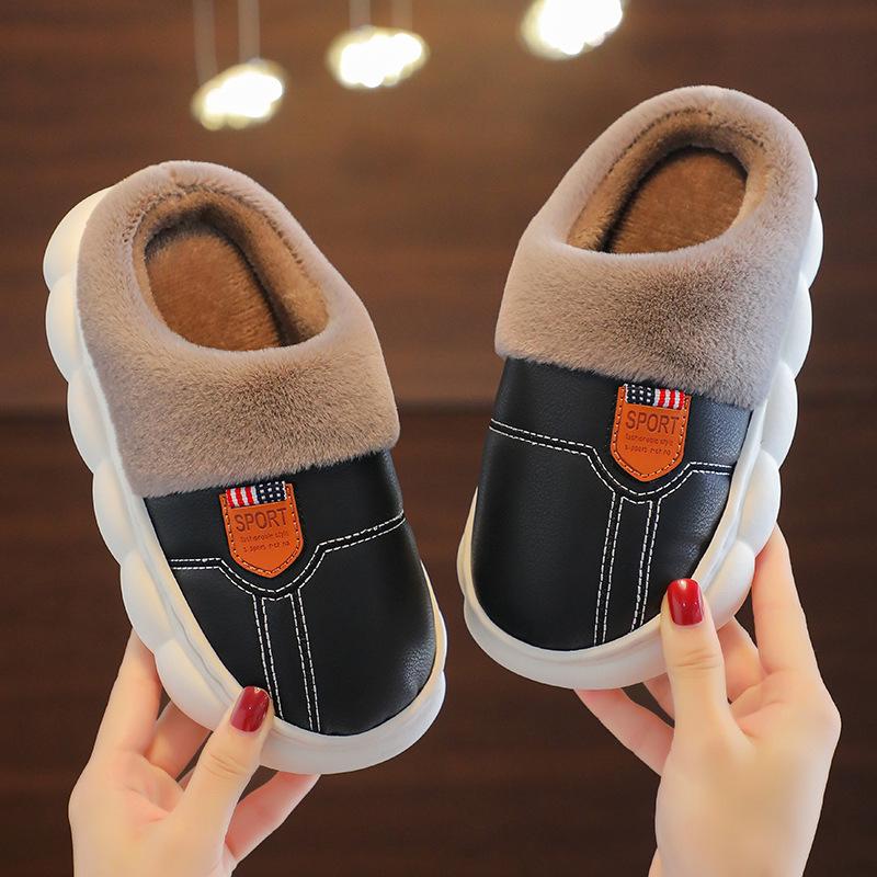 Children's cotton slippers PU leather waterproof soft bottom non-slip piled thickened parent-child adult couple home winter warm
