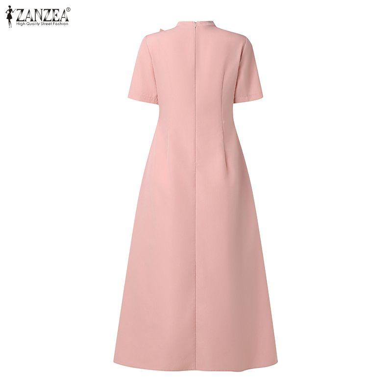 ZANZEA Women Casual Round Neck Solid Color Short Sleeve Elegant Dress