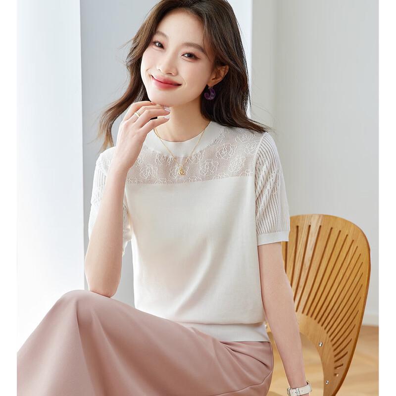 Srcr Women's Silk Blend Lace Knit Short Sleeve Top