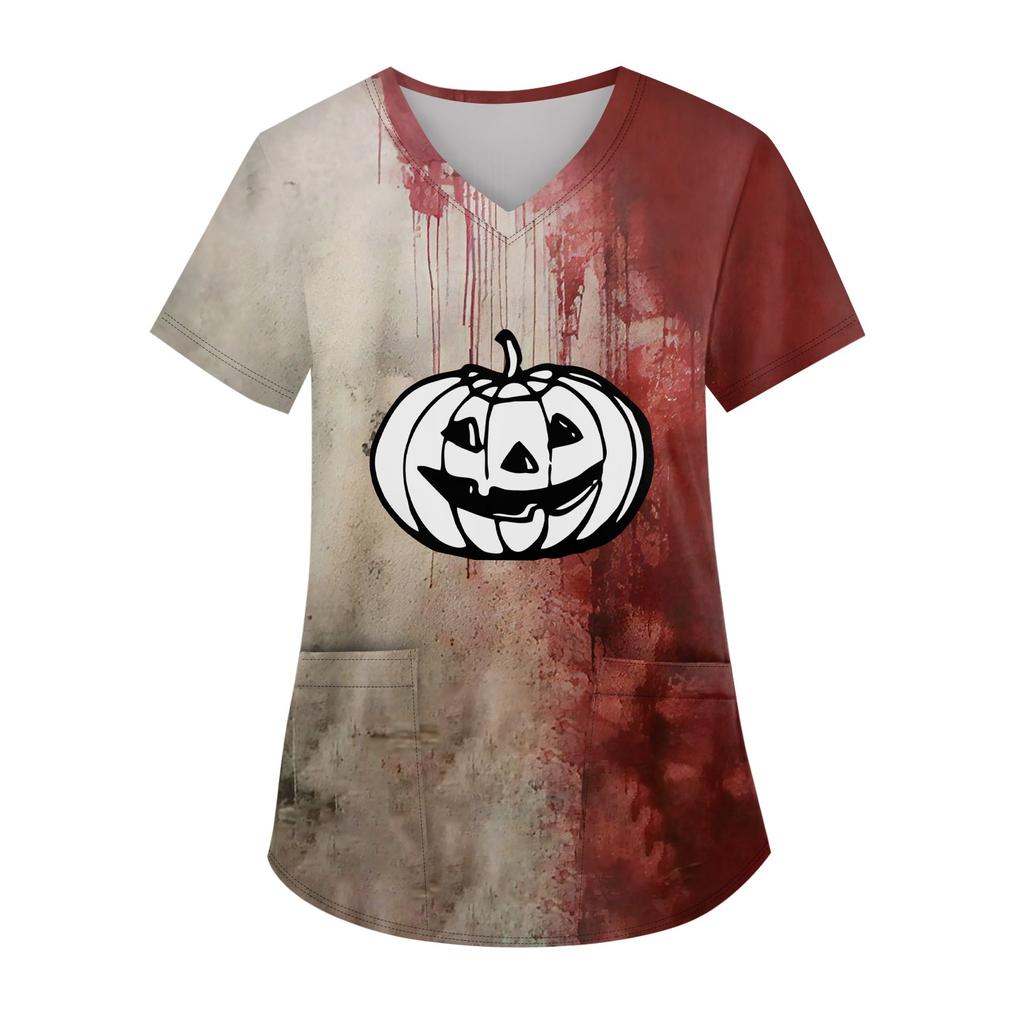 Modische Arbeitskleidung für Damen mit V-Ausschnitt, kurzen Ärmeln und bedruckten Taschen