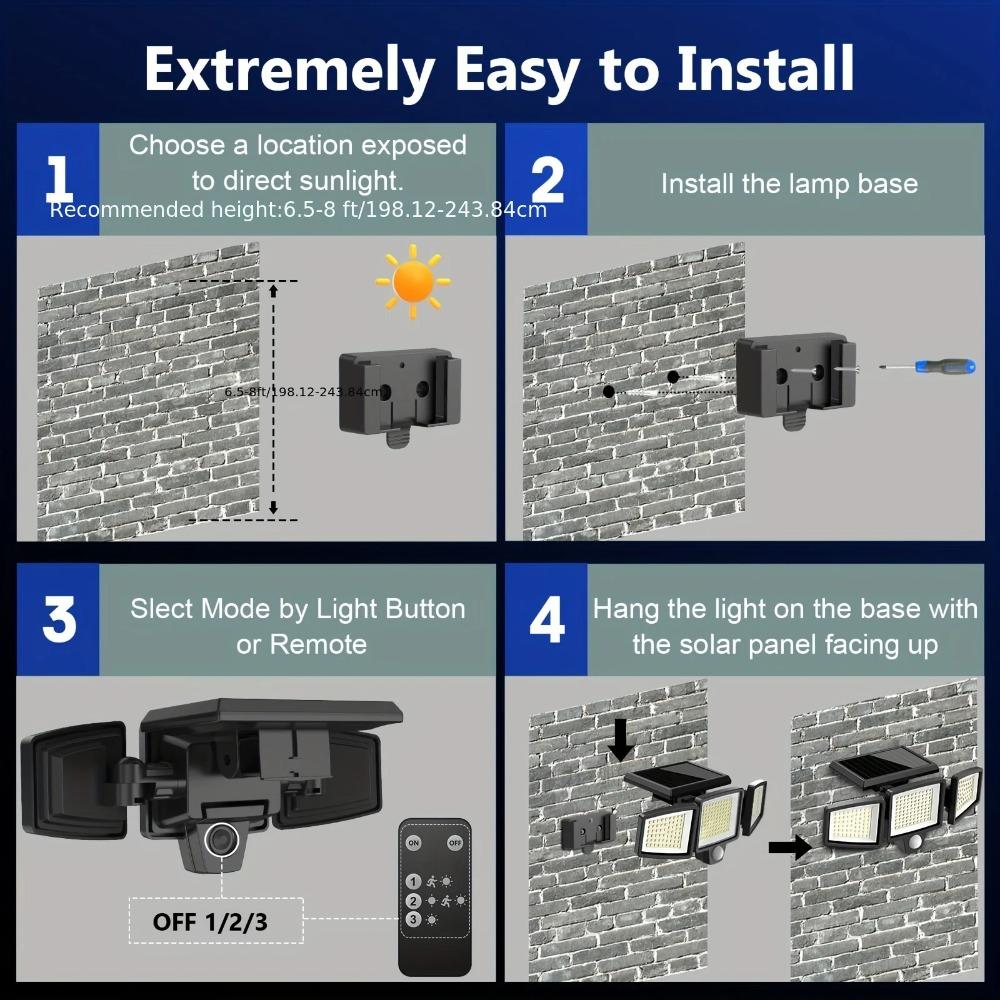 208LED Solar Outdoor Lights Security Lights with Remote Control 3 Heads Motion Sensor IP65 3 Modes Waterproof Flood Wall Lights